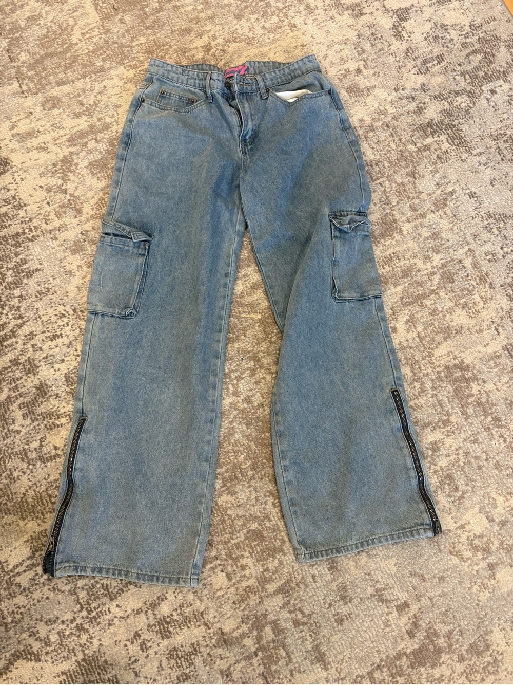 Edikted Light Blue Straight Leg Cargo Jeans with Hem Zips